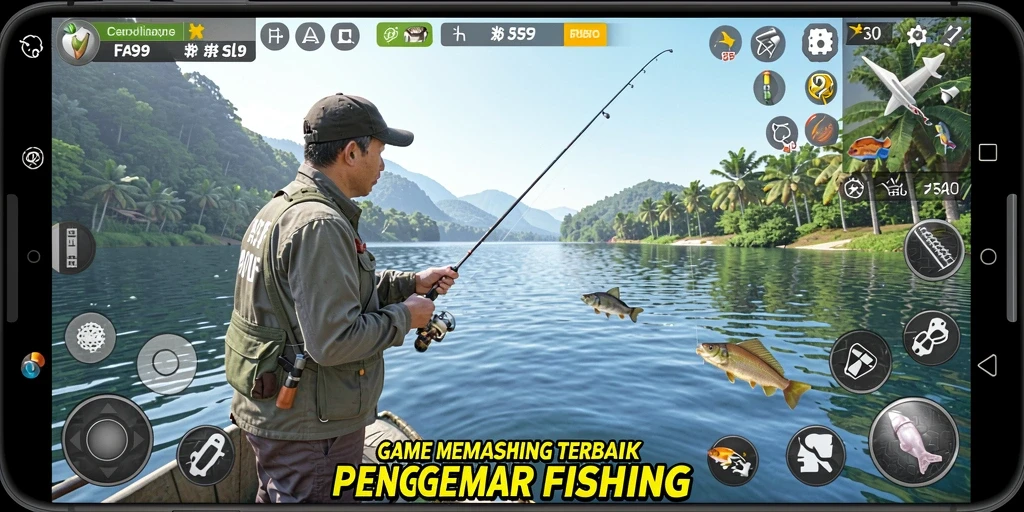 Screenshot dari FA99 menampilkan gameplay memancing yang menarik dan grafis yang memukau.