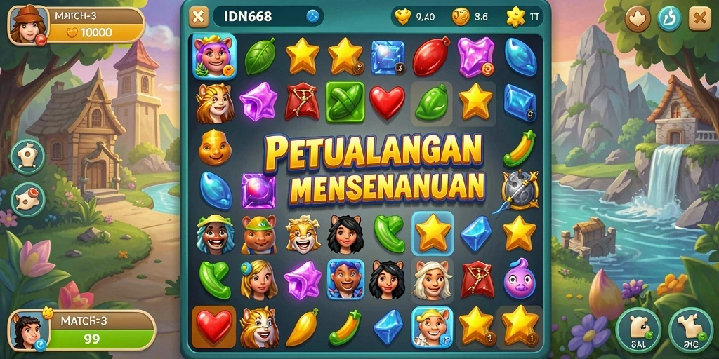 Tampilan permainan Match-3 IDN668 dengan grafis yang ceria.