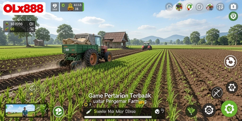 Screenshot gameplay OLX888 menampilkan ladang subur dan aktivitas bertani yang menarik.