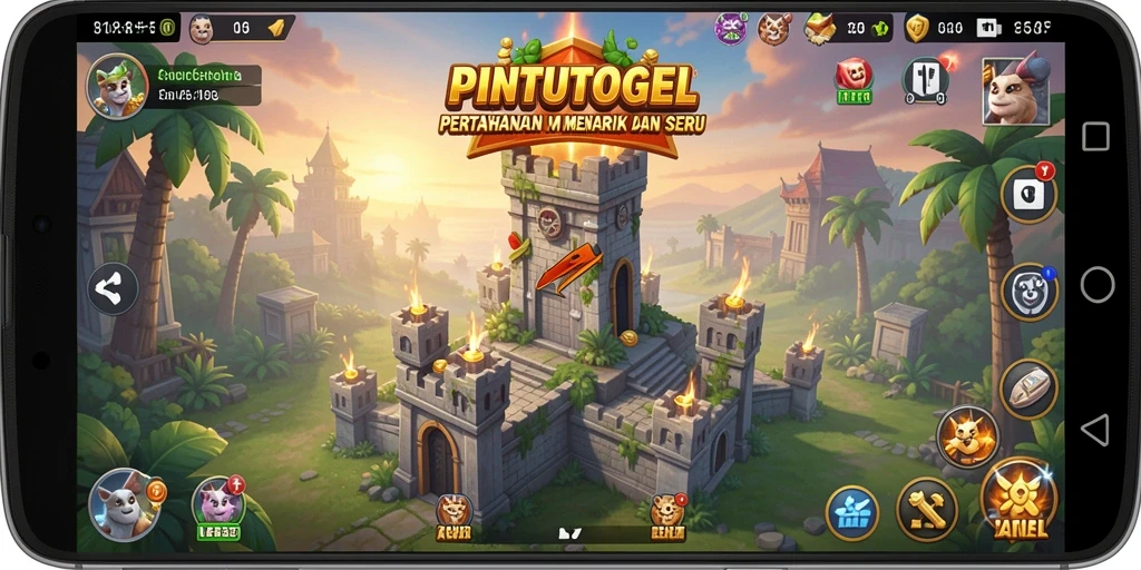 Tampilan gameplay PINTUTOGEL dengan menara dan gelombang musuh.