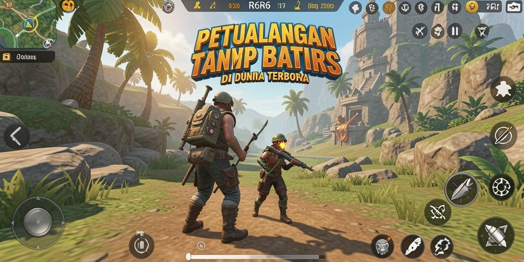 Screenshot gameplay R6R6 menampilkan petualangan di dunia terbuka yang luas.